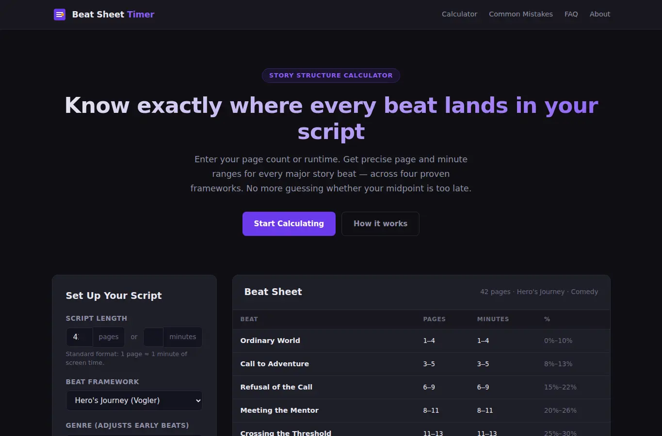 Screenshot of Screenplay Beat Sheet Timer interface showing the project page in use